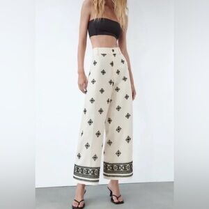 ZARA Embroidered Wide Leg Pants in Cream and Black - Size XL